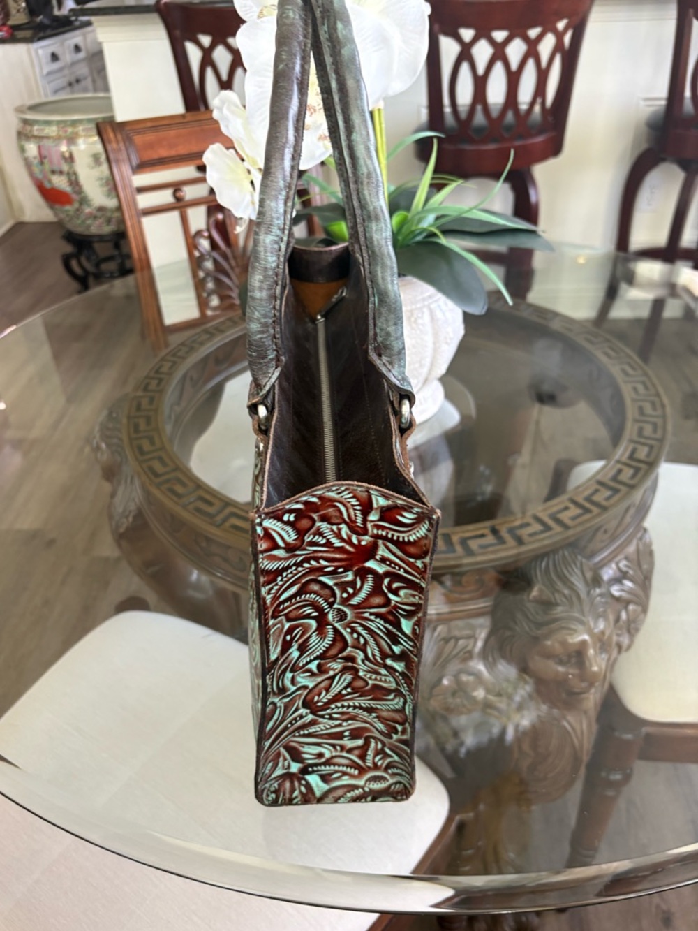 🤎🤎PATRICIA NASH TURQUOISE & BROWN TOOLED LEATHER TOTE BAG!🤎🤎 - Picture 3 of 8
